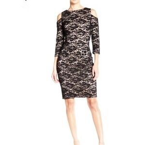 Eliza J cold shoulder black & nude lace floral sheath dress cocktail size 8
